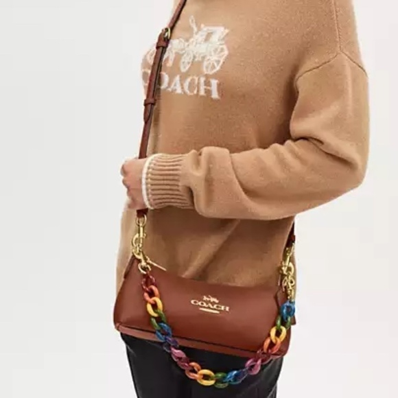 Coach Charlotte Shoulder/Crossbody Bag Brown w Multi Color  Strap NWT - Picture 2 of 12